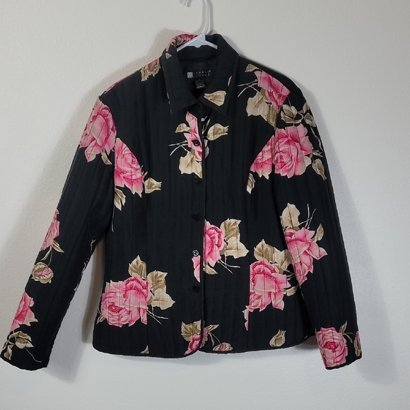 Carole Little 100% Silk Button Up Jacket Size L Floral Sequin Quilted Rose Lined - Picture 1 of 16